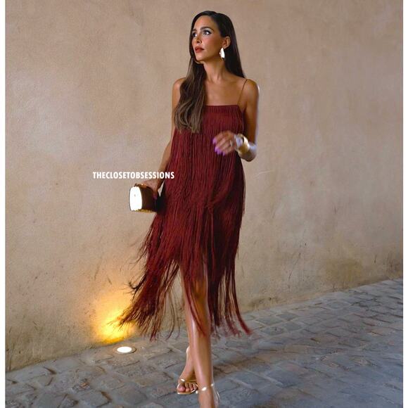 ZARA Fringe Midi Dress with Spaghetti Straps NWT 🤎 - Picture 5 of 16